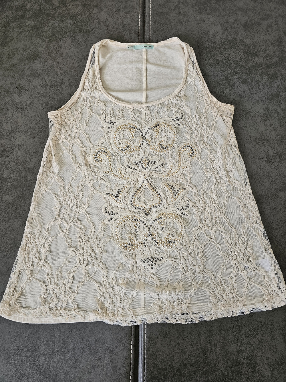 Lace Tank Top in Cream with Embellished Front Medium